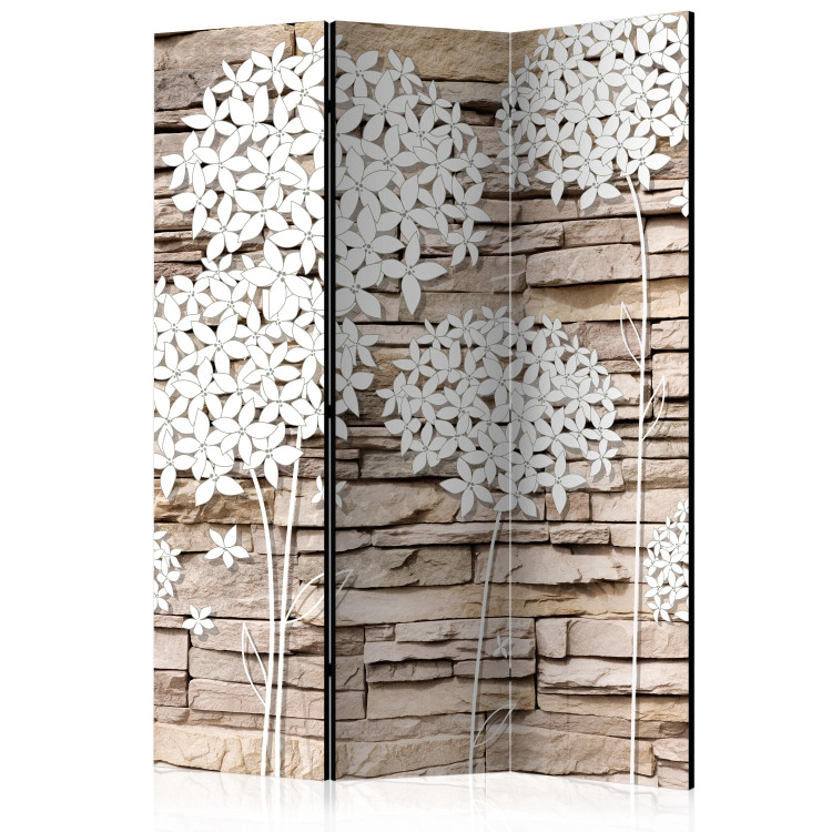 Room Separator Flowers on Stone (3-piece) - collage of white flowers on a brick background 133145