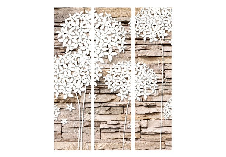 Room Separator Flowers on Stone (3-piece) - collage of white flowers on a brick background 133145 additionalImage 3