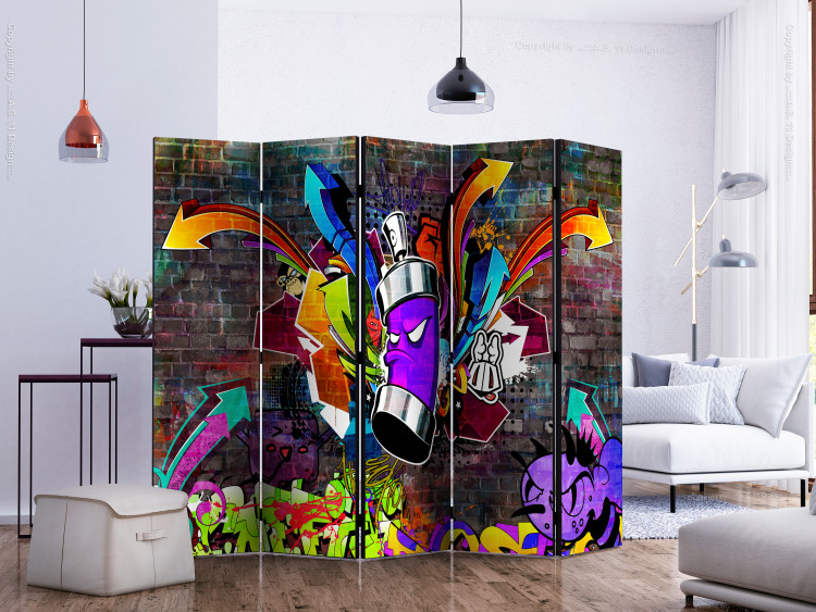 Folding Screen Graffiti: Colorful Attack II (5-piece) - street mural on a brick background 133345 additionalImage 2