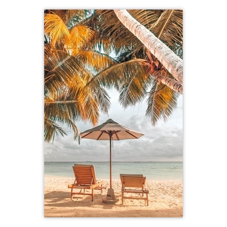 Poster Palm Umbrella - tropical beach landscape with sunbeds against the sea 136045