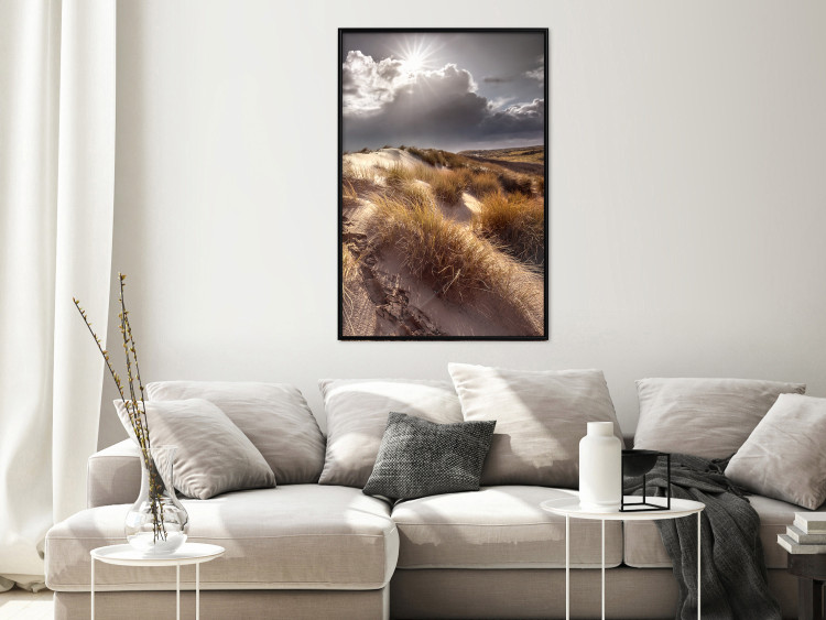 Wall Poster Trembling Whispers - sunlit meadow landscape against dense clouds 138045 additionalImage 15