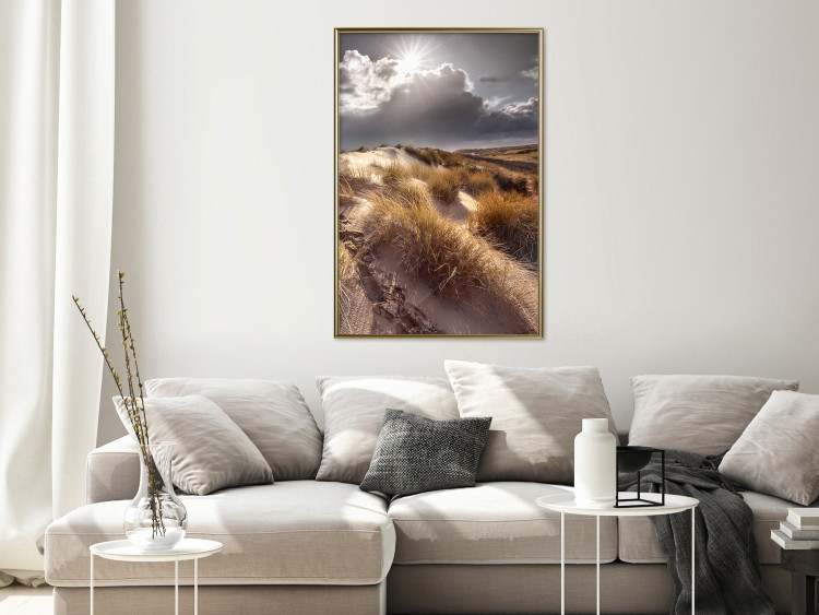 Wall Poster Trembling Whispers - sunlit meadow landscape against dense clouds 138045 additionalImage 16