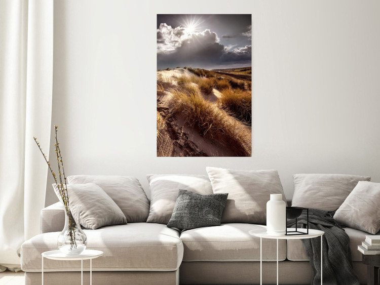 Wall Poster Trembling Whispers - sunlit meadow landscape against dense clouds 138045 additionalImage 17