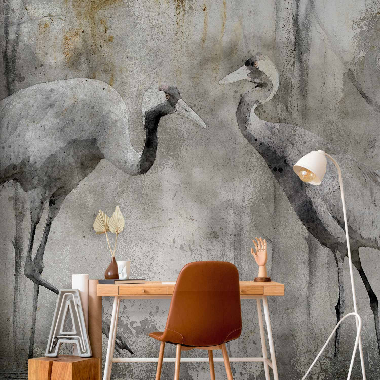 Photo Wallpaper Spring Love Birds - Crane Theme in Shades of Gray 138845 additionalImage 4