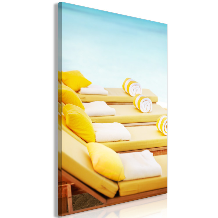Canvas Art Print Holiday Relaxation (1-piece) - yellow sun loungers and blue sea in the background 144145 additionalImage 2