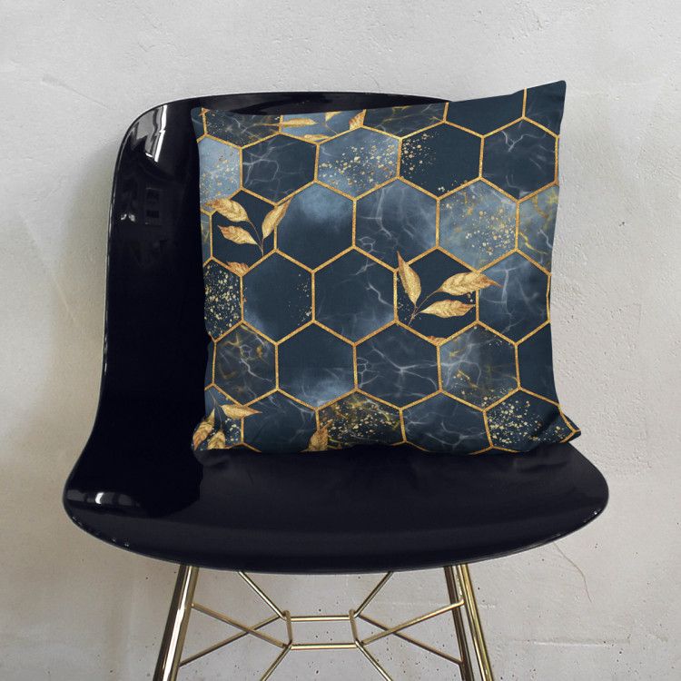 Decorative Microfiber Pillow Geometry and leaves - composition in shades of blue and gold cushions 146945 additionalImage 4