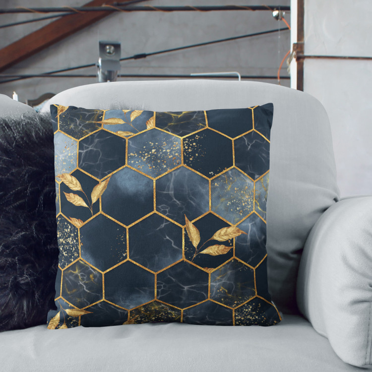 Decorative Microfiber Pillow Geometry and leaves - composition in shades of blue and gold cushions 146945 additionalImage 2