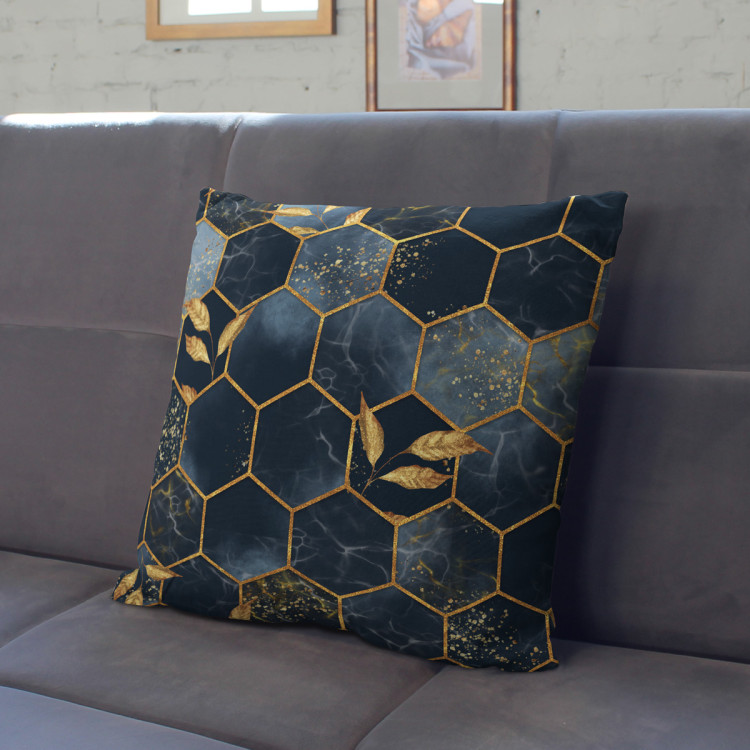 Decorative Microfiber Pillow Geometry and leaves - composition in shades of blue and gold cushions 146945 additionalImage 5