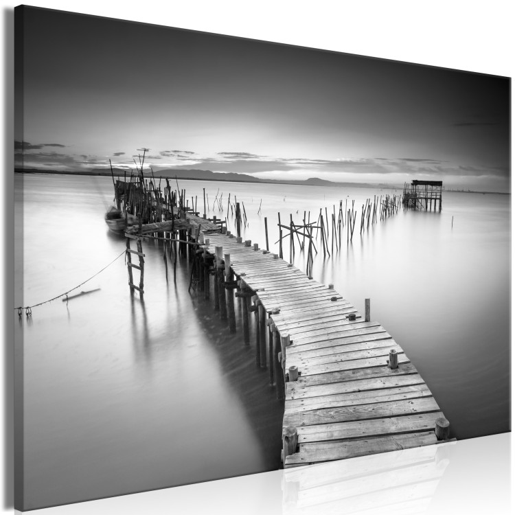 Canvas Print Bridge Over the Lake - Black and White Landscape at Sunset 149745 additionalImage 2