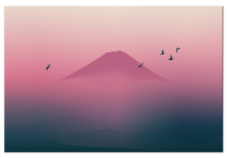 Canvas Art Print Mount Fuji - Moody Landscape in the Morning Fog and Birds Flying 149845