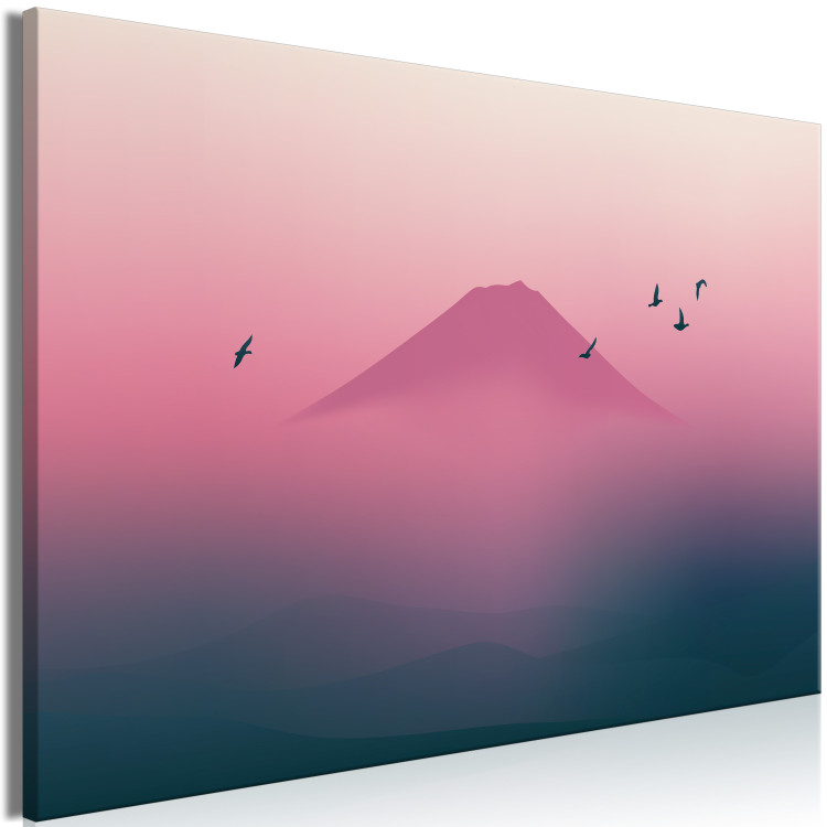 Canvas Art Print Mount Fuji - Moody Landscape in the Morning Fog and Birds Flying 149845 additionalImage 2