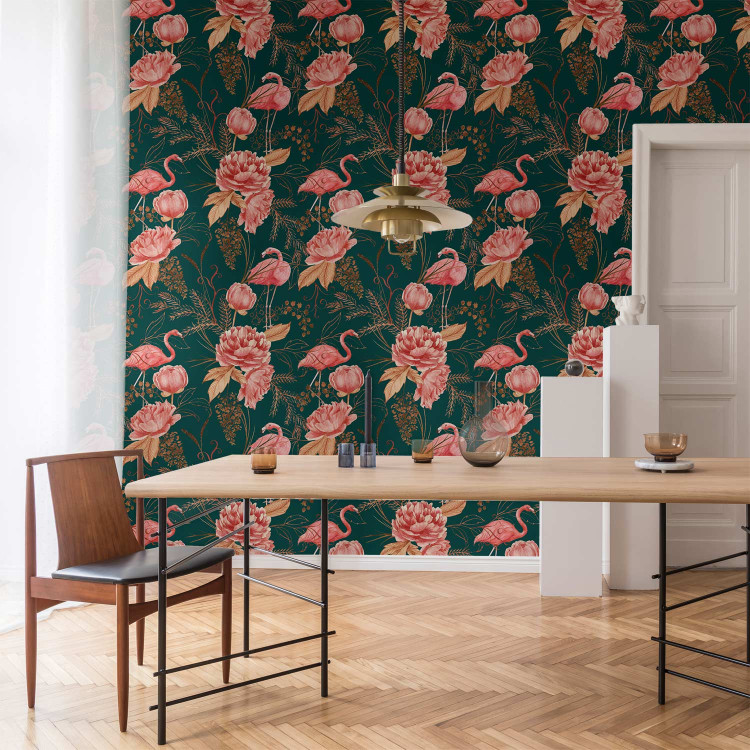 Modern Wallpaper Flamingo Pattern - Birds and Flowers Among Leaves on a Turquoise Background 150045 additionalImage 8