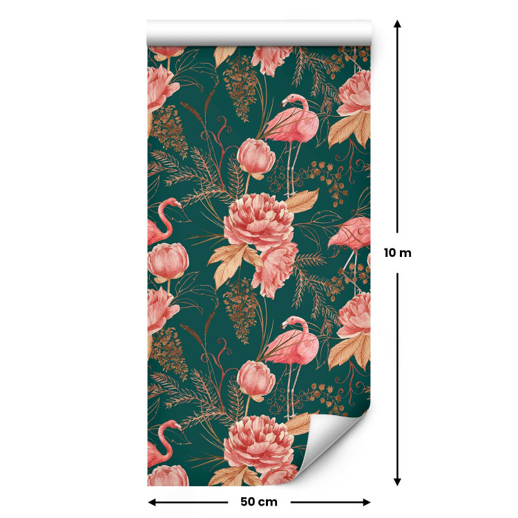 Modern Wallpaper Flamingo Pattern - Birds and Flowers Among Leaves on a Turquoise Background 150045 additionalImage 2