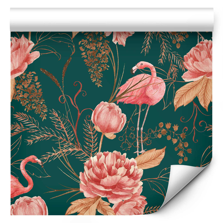 Modern Wallpaper Flamingo Pattern - Birds and Flowers Among Leaves on a Turquoise Background 150045 additionalImage 1