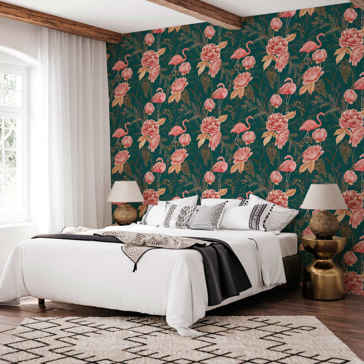 Modern Wallpaper Flamingo Pattern - Birds and Flowers Among Leaves on a Turquoise Background 150045 additionalImage 4