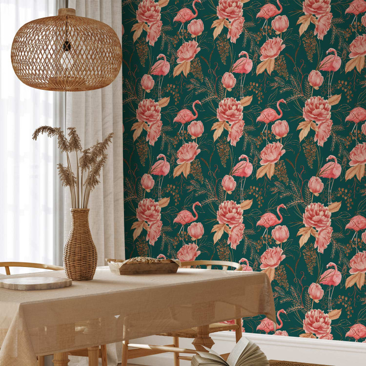 Modern Wallpaper Flamingo Pattern - Birds and Flowers Among Leaves on a Turquoise Background 150045 additionalImage 5