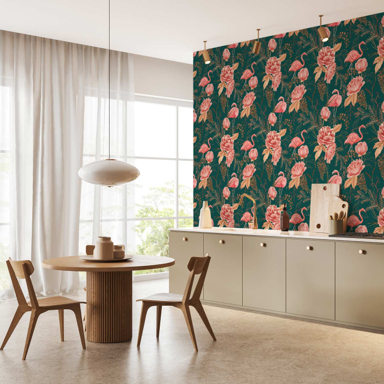 Modern Wallpaper Flamingo Pattern - Birds and Flowers Among Leaves on a Turquoise Background 150045 additionalImage 9