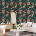 Modern Wallpaper Flamingo Pattern - Birds and Flowers Among Leaves on a Turquoise Background 150045