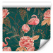 Modern Wallpaper Flamingo Pattern - Birds and Flowers Among Leaves on a Turquoise Background 150045 additionalThumb 1