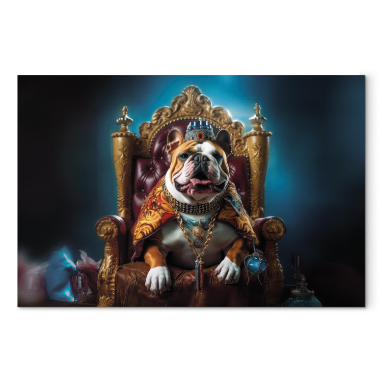 Canvas Art Print AI Dog English Bulldog - Animal in the Role of King on the Throne - Horizontal 150245