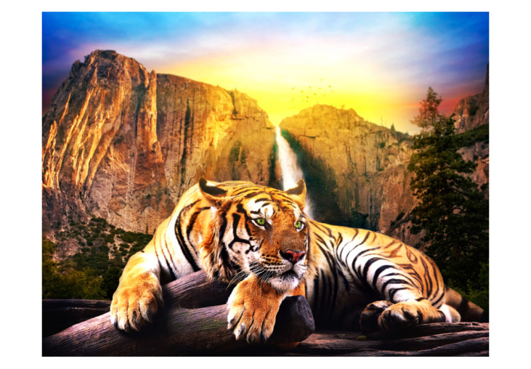 Photo Wallpaper Tranquility of Nature - beautiful tiger lying on rocks by a waterfall 59745 additionalImage 1