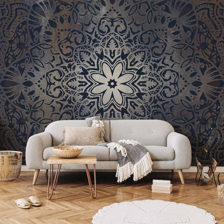 Photo Wallpaper Iron flowers - oriental motif with black ornaments on a brown background 91345