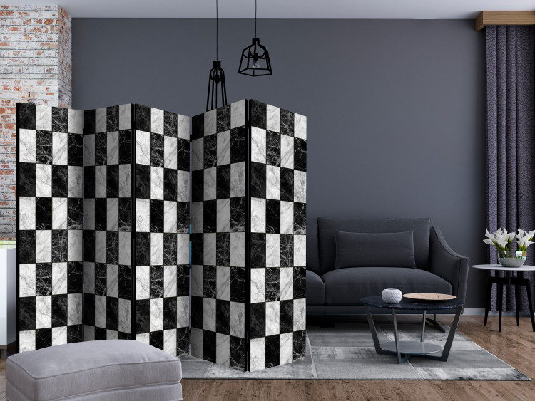 Room Divider Screen Checkerboard II (5-piece) - black and white marble-like pattern 124155 additionalImage 4