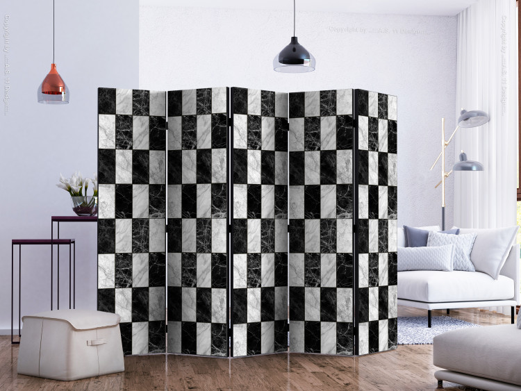 Room Divider Screen Checkerboard II (5-piece) - black and white marble-like pattern 124155 additionalImage 2