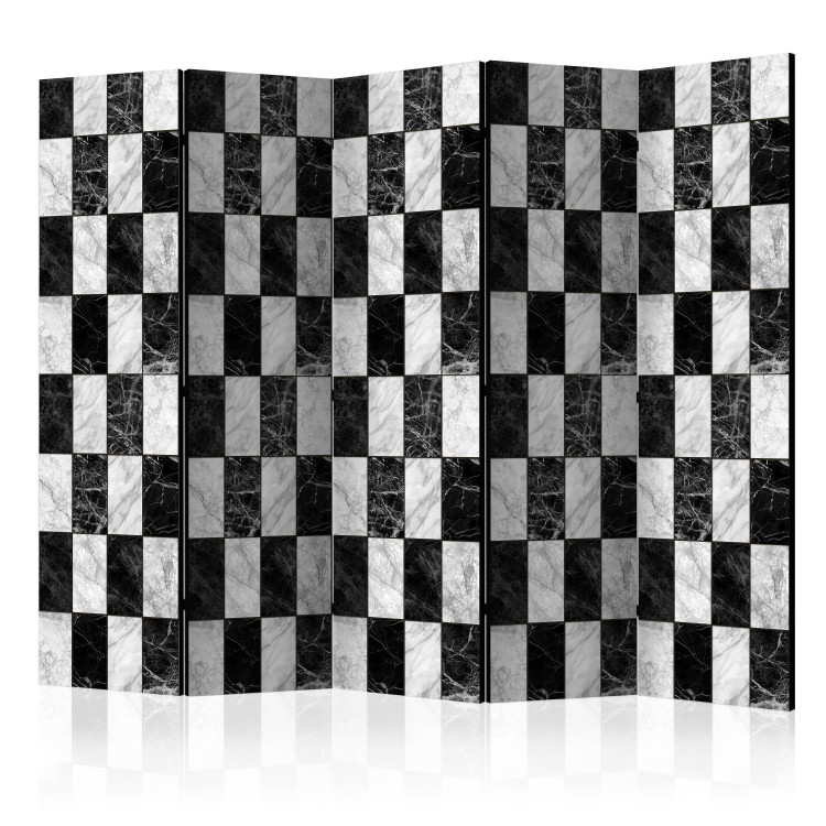 Room Divider Screen Checkerboard II (5-piece) - black and white marble-like pattern 124155