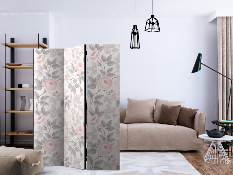 Folding Screen Watercolor Roses (3-piece) - pink flowers and leaves on a light background 124255 additionalImage 4