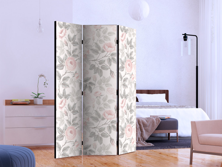 Folding Screen Watercolor Roses (3-piece) - pink flowers and leaves on a light background 124255 additionalImage 2