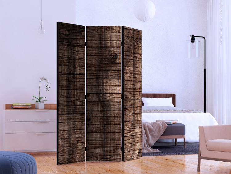 Folding Screen Dark Brown Planks (3-piece) - retro background with a wooden texture 124355 additionalImage 2