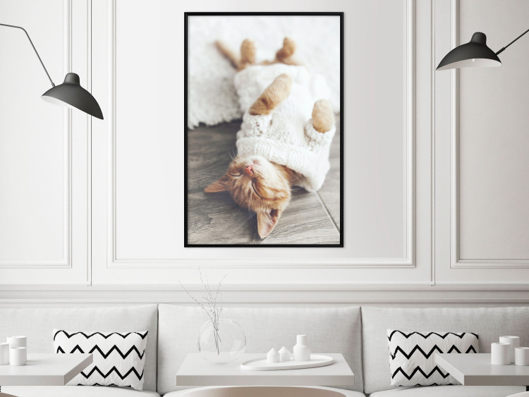 Wall Poster Lazy Cat - brown animal in a white sweater on a wooden floor 124455 additionalImage 3
