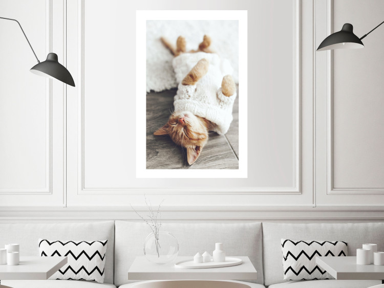 Wall Poster Lazy Cat - brown animal in a white sweater on a wooden floor 124455 additionalImage 2