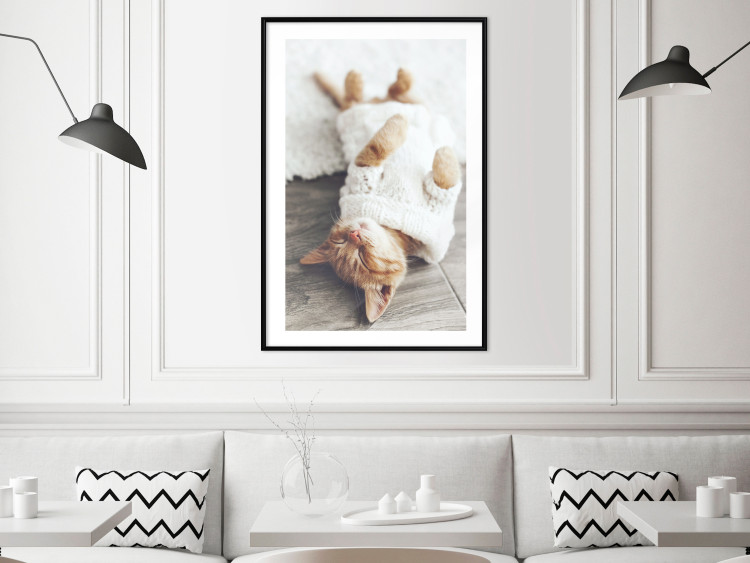 Wall Poster Lazy Cat - brown animal in a white sweater on a wooden floor 124455 additionalImage 4