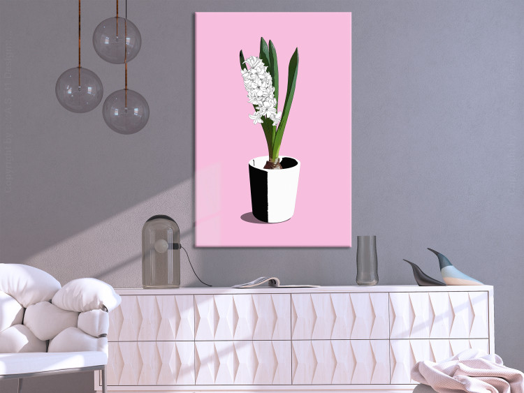Canvas Print White hyacinth in black and white pot - composition on pink background 127255 additionalImage 3
