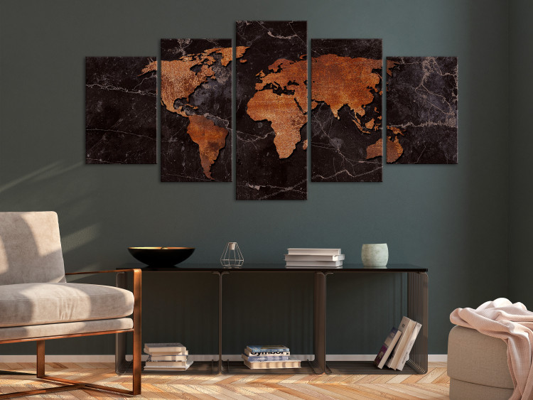 Canvas Print Copper Map (5-part) wide - world map on a metallic background 128855 additionalImage 3