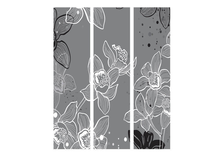Room Divider Winter Flora (3-piece) - pattern of black and white irises on a gray background 132555 additionalImage 3