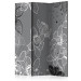 Room Divider Winter Flora (3-piece) - pattern of black and white irises on a gray background 132555