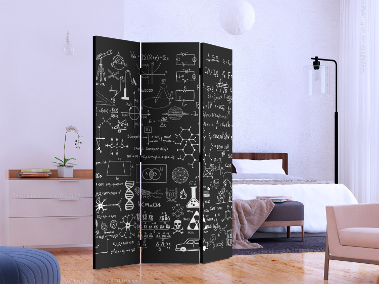 Room Divider Screen Scientific Board (3-piece) - black and white composition with inscriptions 133355 additionalImage 2
