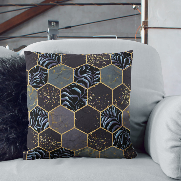 Decorative Microfiber Pillow Floral geometry - hexagons and branches in dark colours cushions 146955 additionalImage 2