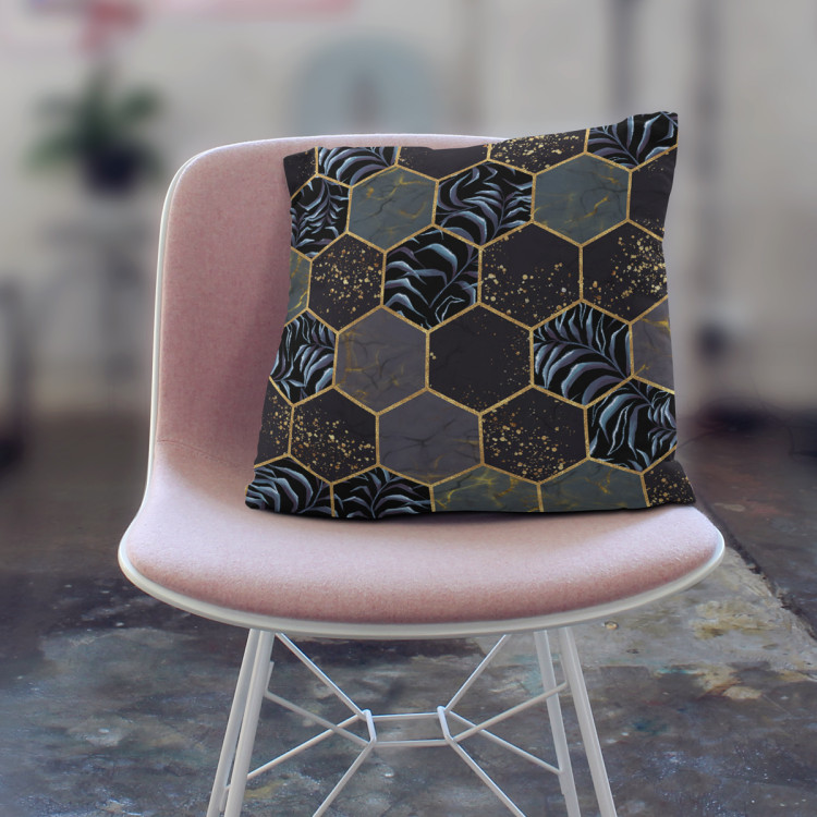 Decorative Microfiber Pillow Floral geometry - hexagons and branches in dark colours cushions 146955 additionalImage 3