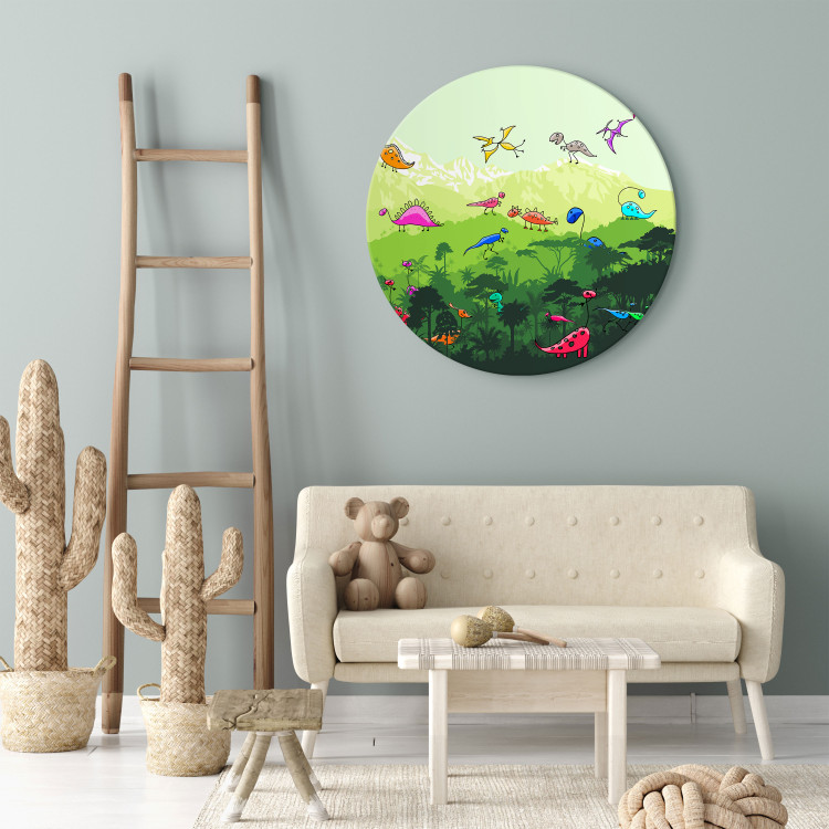 Round Canvas Dinosaurs - Funny Colorful Dragons in a Children’s Dream Forest 148755 additionalImage 2