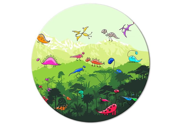Round Canvas Dinosaurs - Funny Colorful Dragons in a Children’s Dream Forest 148755