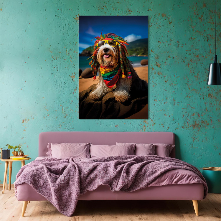 Canvas Print AI Bearded Collie Dog - Rasta Animal Chilling on Paradise Beach - Vertical 150255 additionalImage 3