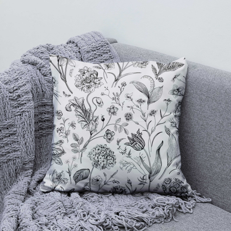 Decorative Microfiber Pillow Botanist’s Journal - Black and White Composition With Flowers and Leaves 151355 additionalImage 2