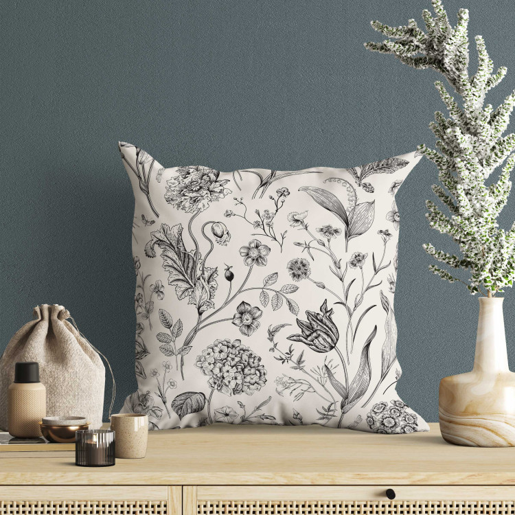 Decorative Microfiber Pillow Botanist’s Journal - Black and White Composition With Flowers and Leaves 151355 additionalImage 5