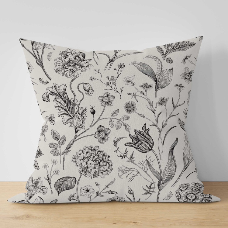 Decorative Microfiber Pillow Botanist’s Journal - Black and White Composition With Flowers and Leaves 151355 additionalImage 3