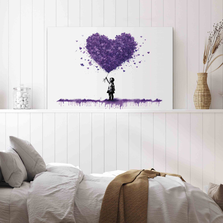 Canvas Lilac Hearts - Graffiti With a Child Holding Balloons in Banksy Style 151755 additionalImage 3