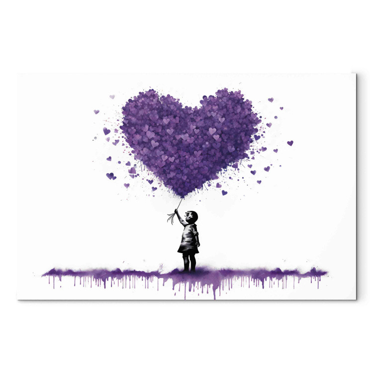 Canvas Lilac Hearts - Graffiti With a Child Holding Balloons in Banksy Style 151755